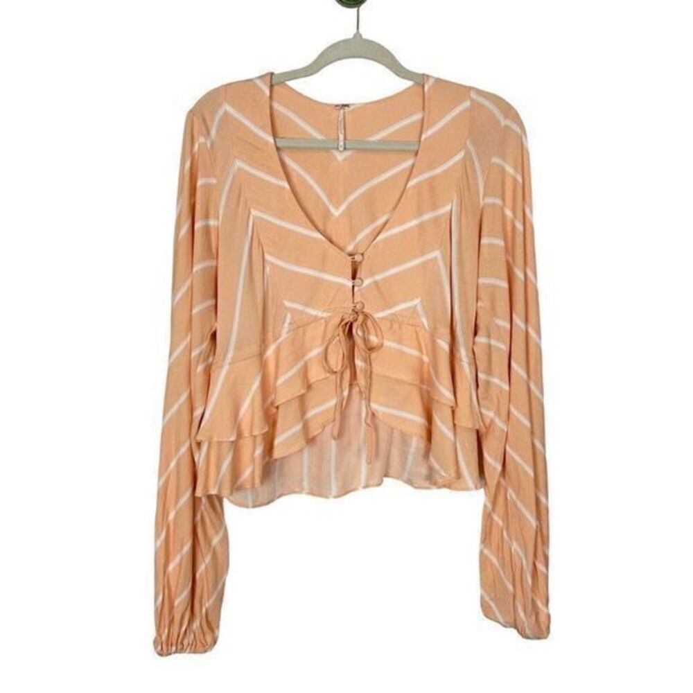 Free People Samifran Tie Front Blouse Peach Stripe Small Balloon Sleeve Cropped